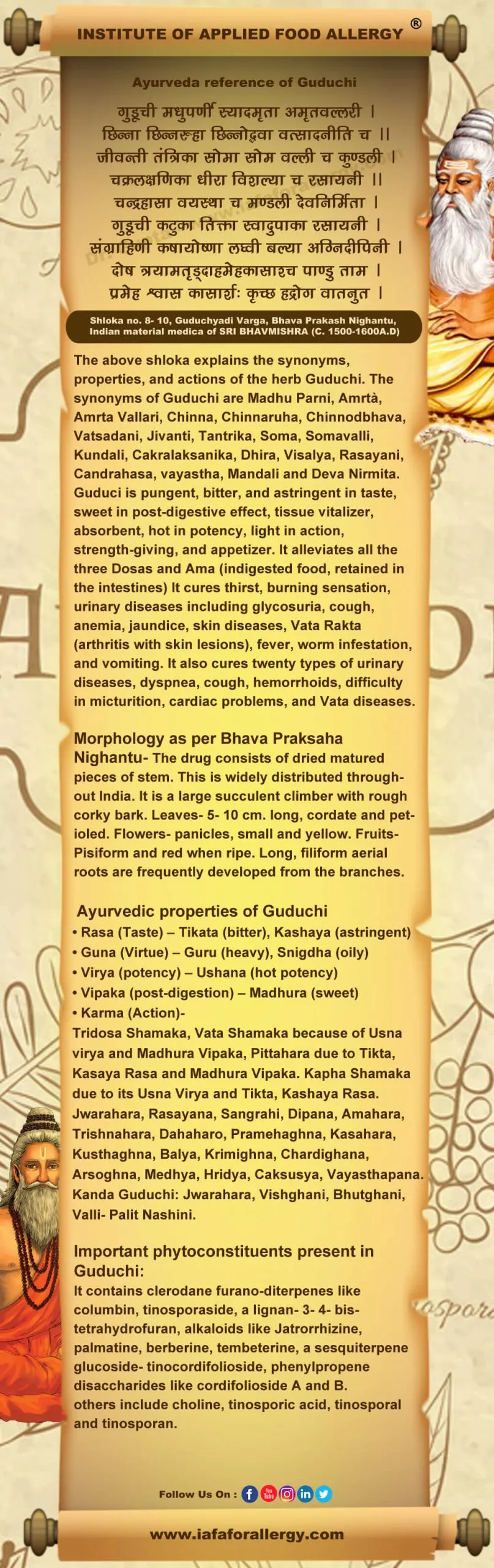 Ayurveda reference for Guduchi (Tinospora cordifolia Miers.)