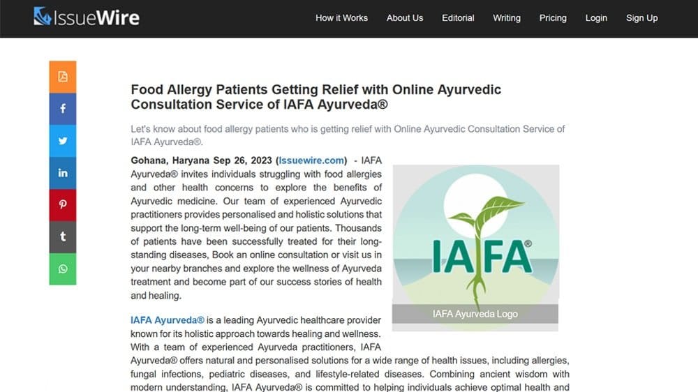 Press Release of IAFA Ayurveda® Published at IssueWire