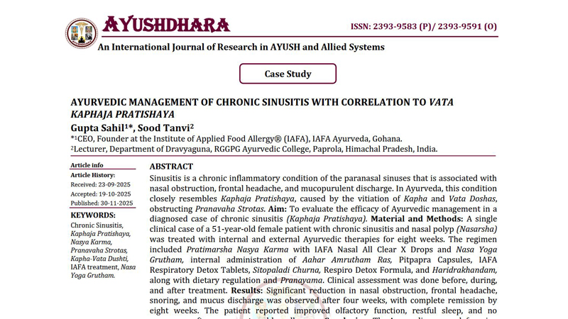 Fantastic News! Our New Case Study on Chronic Sinusitis Recovery Officially Published in the Ayushdhara Journal