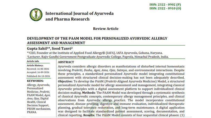 Exciting News! IAFA Ayurveda Research on PAAM Model Published in IJAPR
