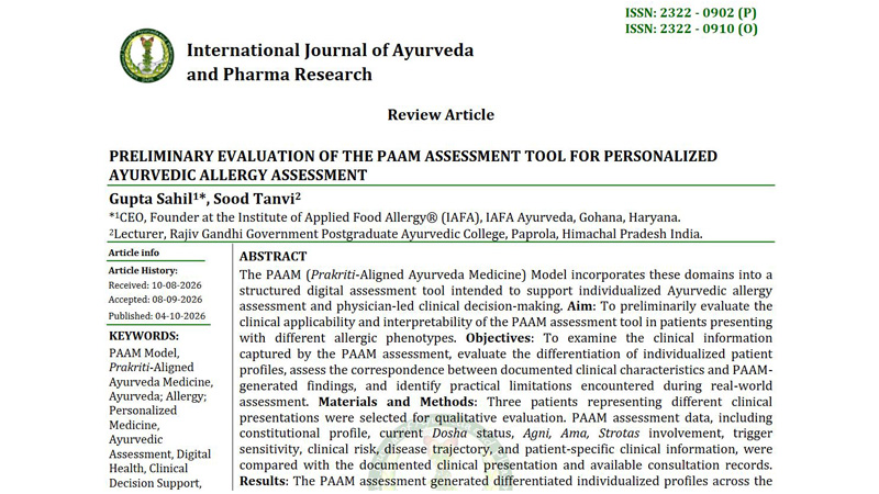 Superb News! IAFA Ayurveda Published Study on PAAM Assessment Tool in IJAPR
